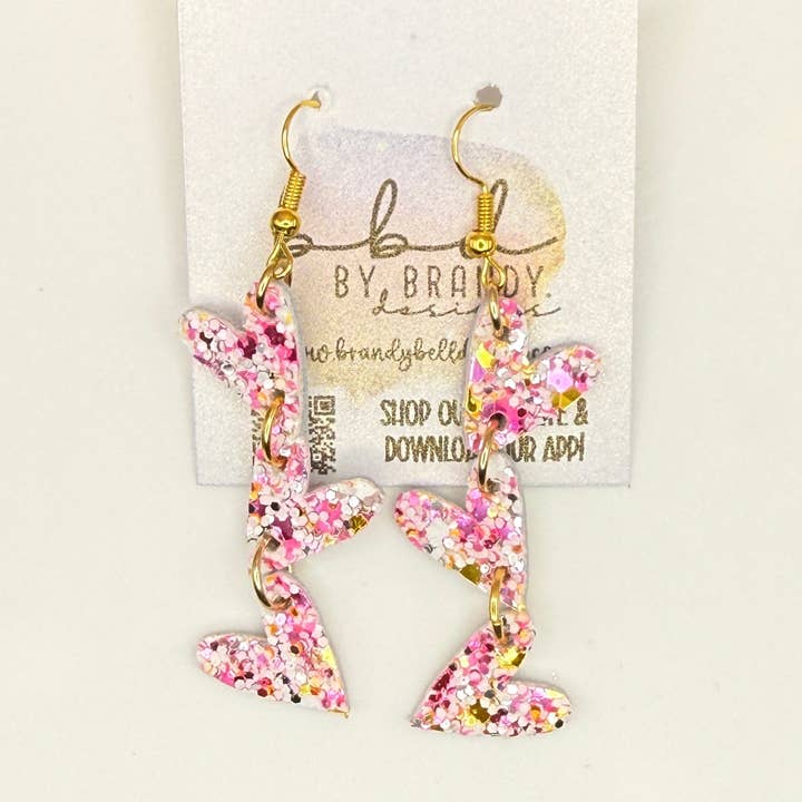 LINKED HEARTS - Tiny Hearts Collection || Leather Earrings || <BR> TAFFY PINK GLITTER ON THICK LEATHER for wholesale by Brandy Bell Design