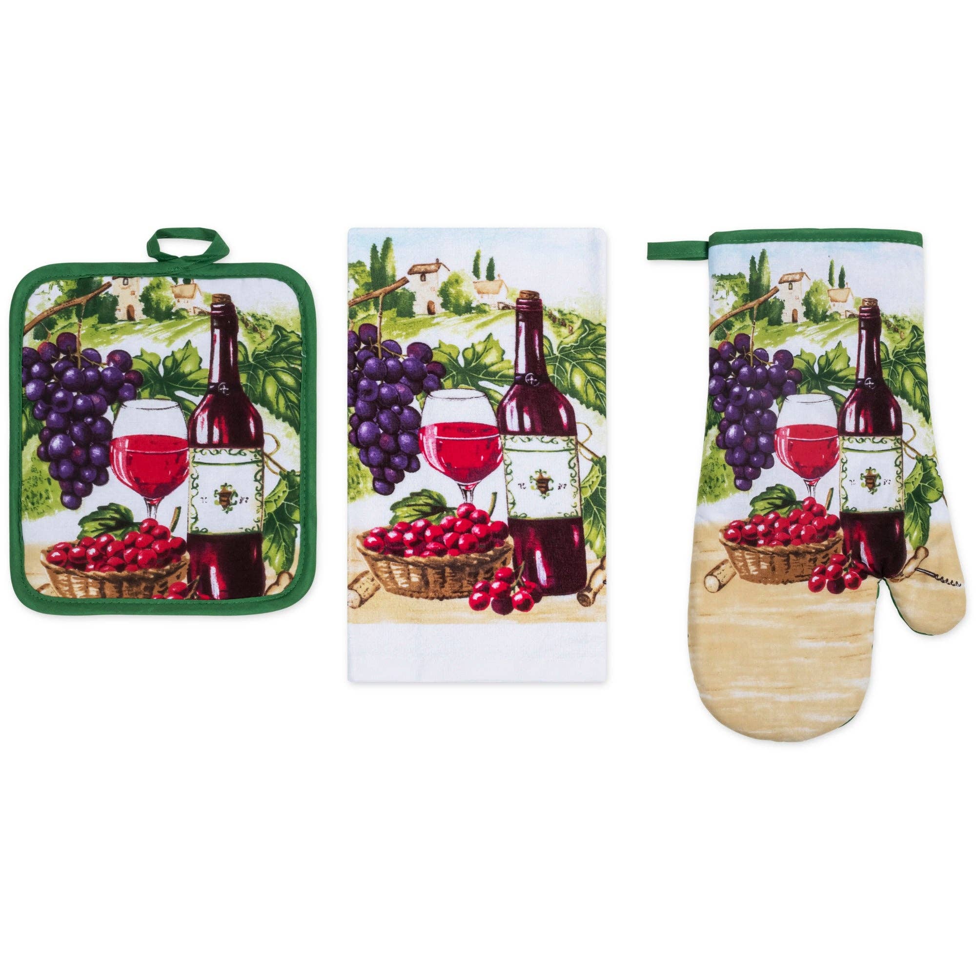 ShopBobbys - Wholesale Oven Mitt/Pot Holder - PREMIUS 3 Piece Printed Kitchen Linen Set, 1 Cotton Towel, 1 Pot Holder, 1 Oven Mitt2