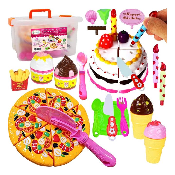 FUNERICA Pretend Goodies Play Food Kids Toy Set with Storage Box - Features Cutting Pizza, Ice Cream, Fries, Dessert & Toy Birthday Cake for Toddlers, Boys, Girls for wholesale by FUNERICA
