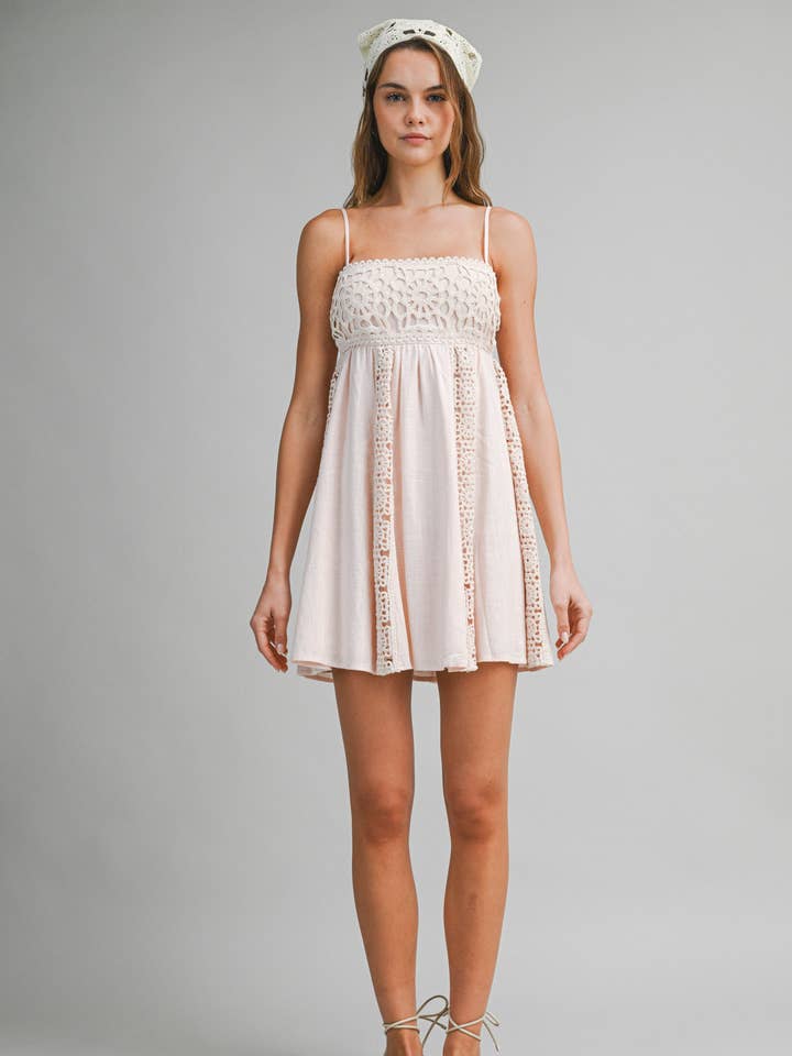 ED6067A Crochet Panel Mini Dress with Spaghetti Straps for wholesale by Endless Blu