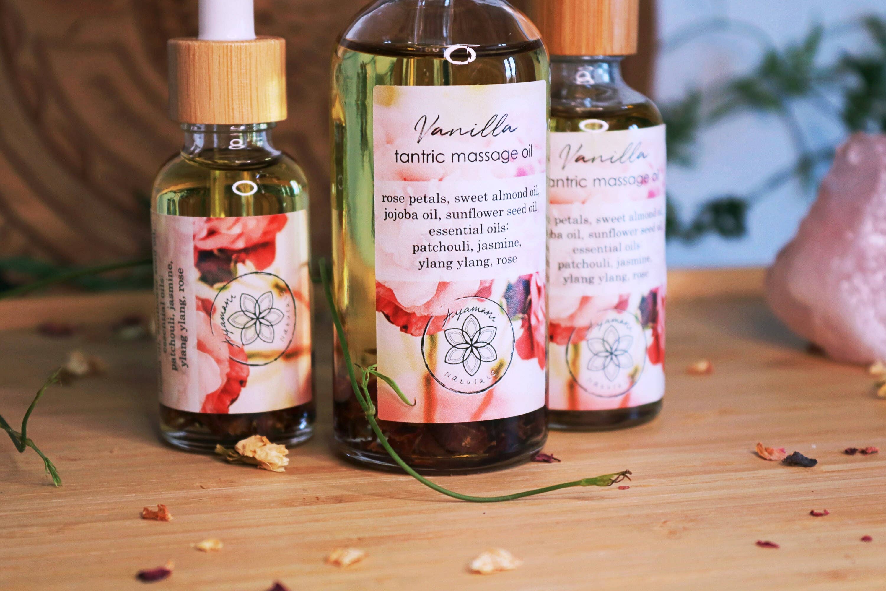 Ayamani Naturals - Vendita all'ingrosso Olio/gel per massaggi - Olio da massaggio sensuale "Vanilla" tantrico, con petali di rosa8