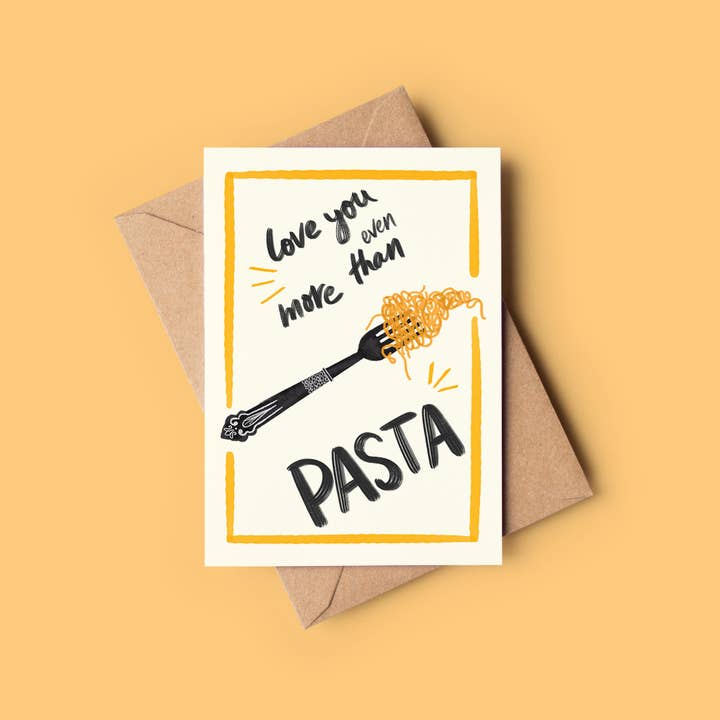 Love You More Than Pasta (Yellow) Foodie Greeting Card for wholesale by The Mundane Gift Shop
