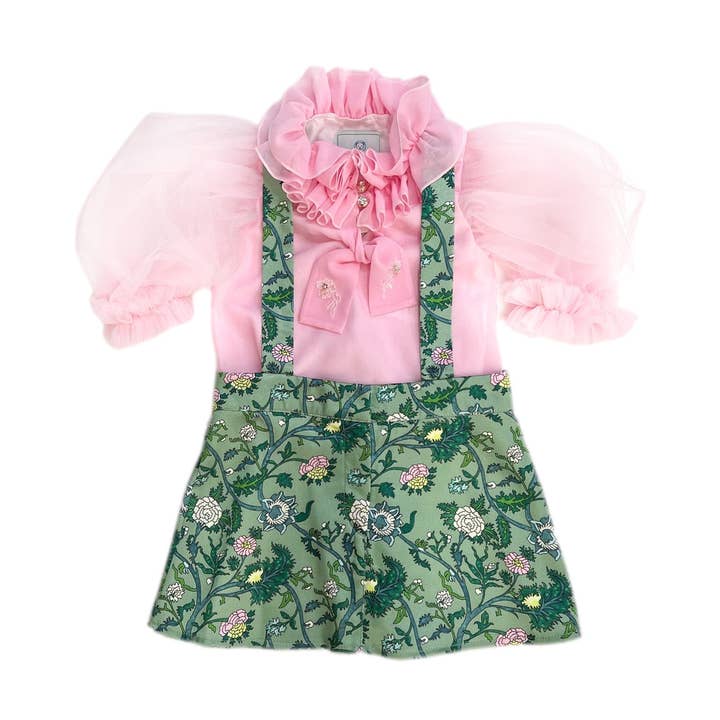 Conjunto de Falda y Blusa Eva de Tul Floral Rosa y Verde para venta al por mayor de Petite Maison Kids