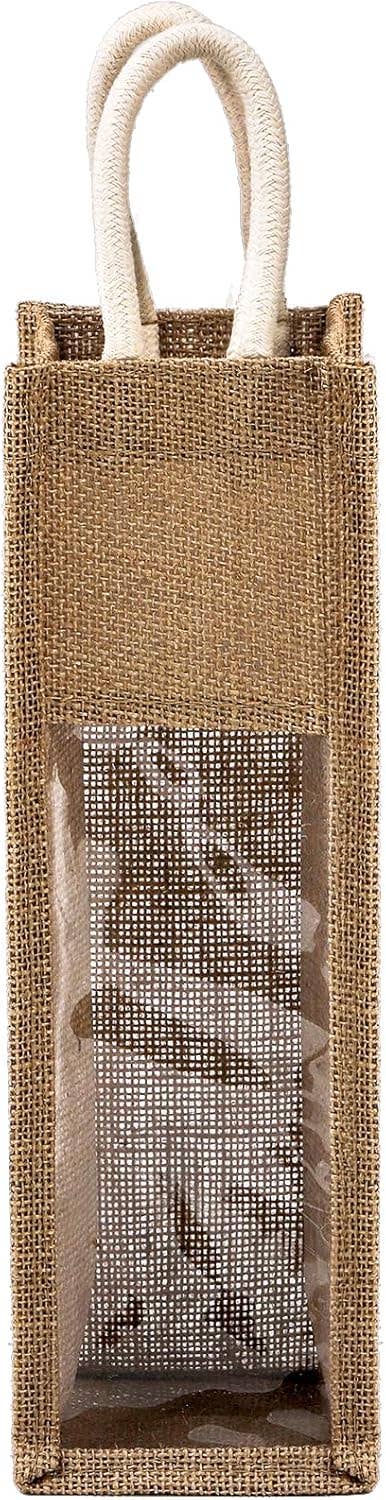 Alo Organic International – Großhandel Flaschentüte – Jutesäcke für Weinflaschen mit Fenster und Griff, einzeln3