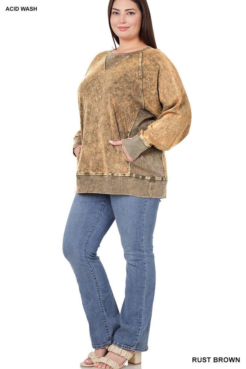 Baie Bleue - Wholesale Sweatshirt - Women's - PL1749ZN - PLUS ACID WASH ROUND NECK PULLOVER WITH POCKETS3