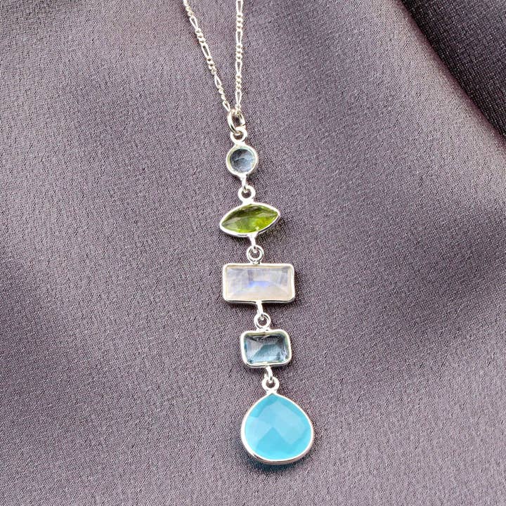 Multi gemstone pendant - 925 sterling silver necklace with aquamarine, chalcedony, peridot, moonstone and rock crystal - K925-26 for wholesale by MadamLili