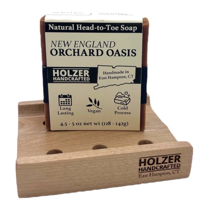 Soap + Soap Dish Gift Set - NEW ENGLAND ORCHARD OASIS Handmade Soap Bar + Handcrafted Hardwood Soap Dish | Natural Cold Process, Vegan, 4.5 oz | Apple + Clove + Honey Scented Soap for wholesale by Holzer Handcrafted ®