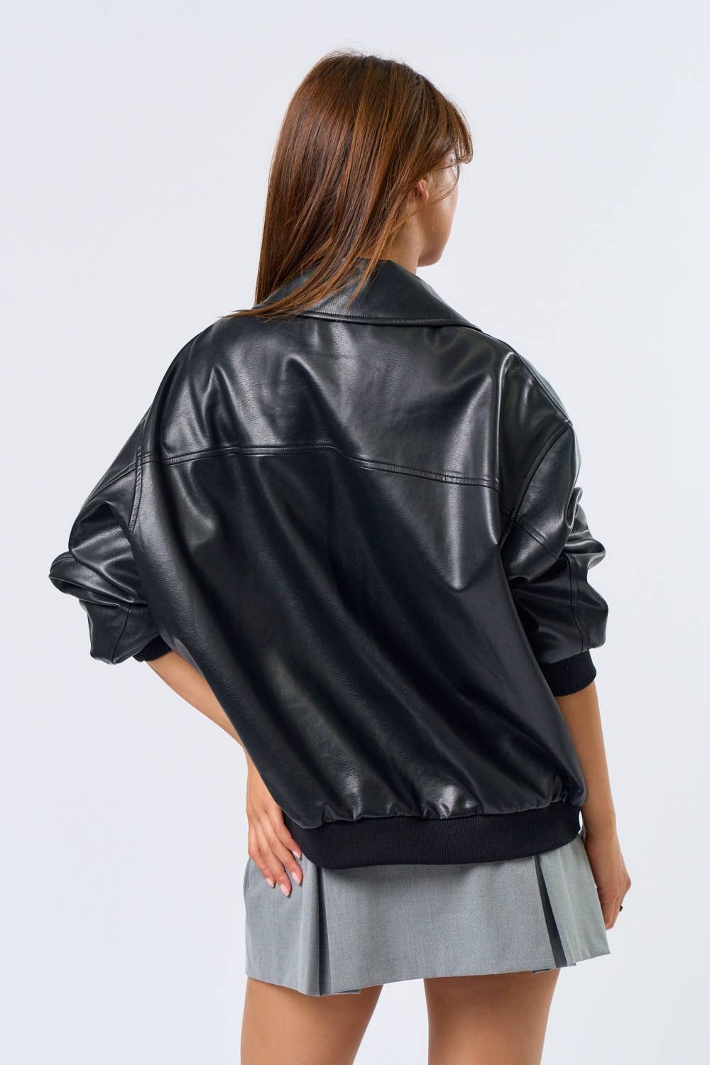 Black IBT31859 Zip-Up PU Leather Jacket for wholesale on Faire7