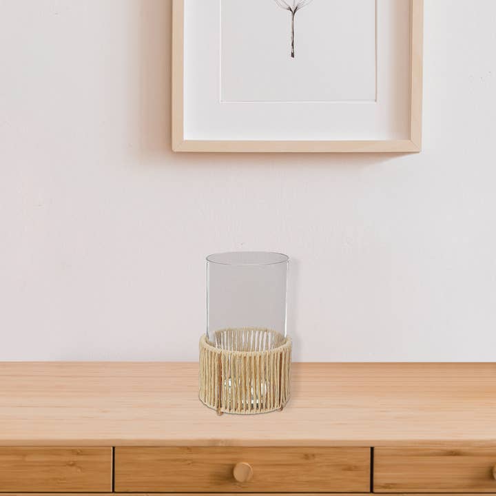 Multi Kerzenhalter Hurrican aus Glas mit Sockel aus Metall und Raffia, groß für den Großhandel auf Faire1