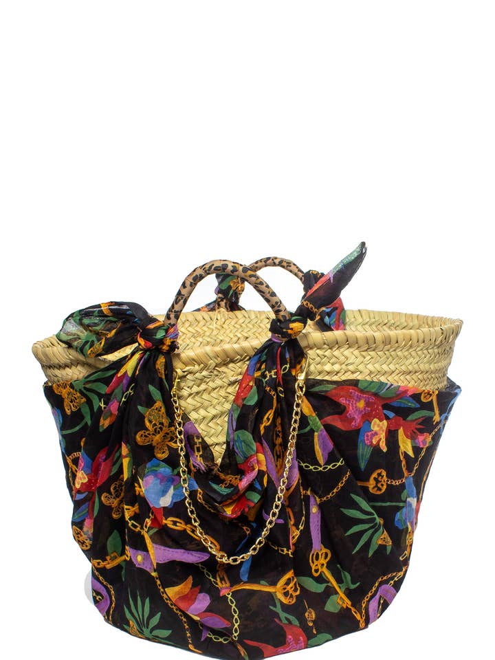 SAC DE PLAGE EN PAILLE + PARÉO AVEC CEINTURES FLEURIES IMPRIMÉES, YOU, MADE IN I pour la vente par Ayfee