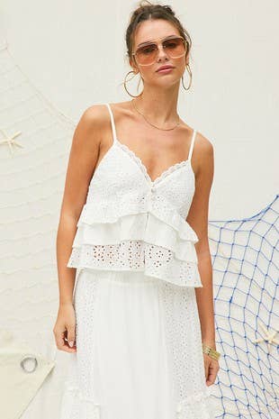 Off White Eyelet Ruffle Maxi Skirt for wholesale on Faire16