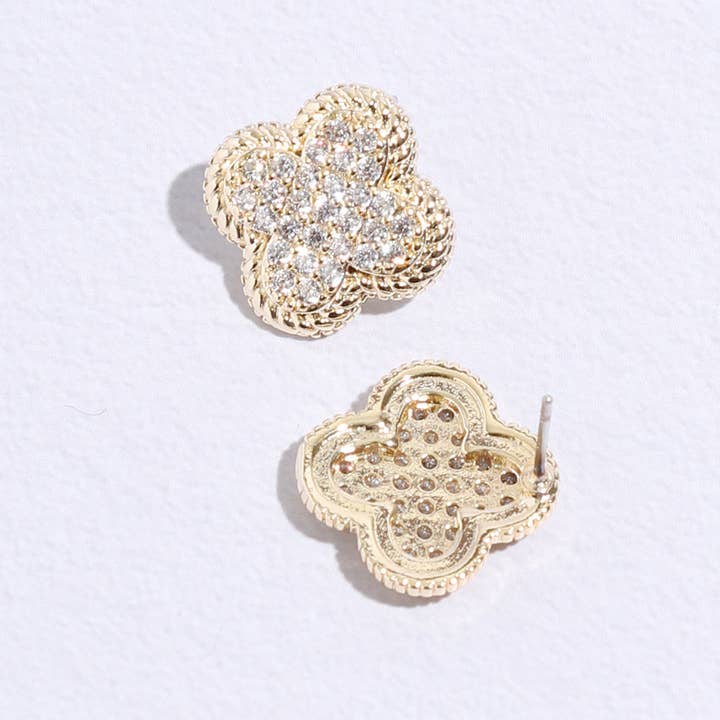 MULTI Gold Plated CZ Clover Two-Tone Post Earrings for wholesale on Faire