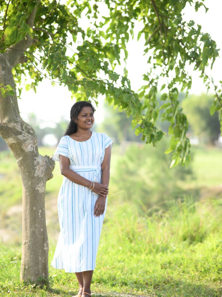 The Serene Kaftan Dress in Aegean Stripe for wholesale by Swahlee