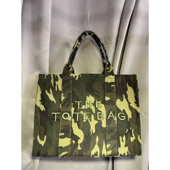 Green CAMOUFLAGE PRINT DENIM THE TOTE BAG EMBROIDERY BAG for wholesale on Faire