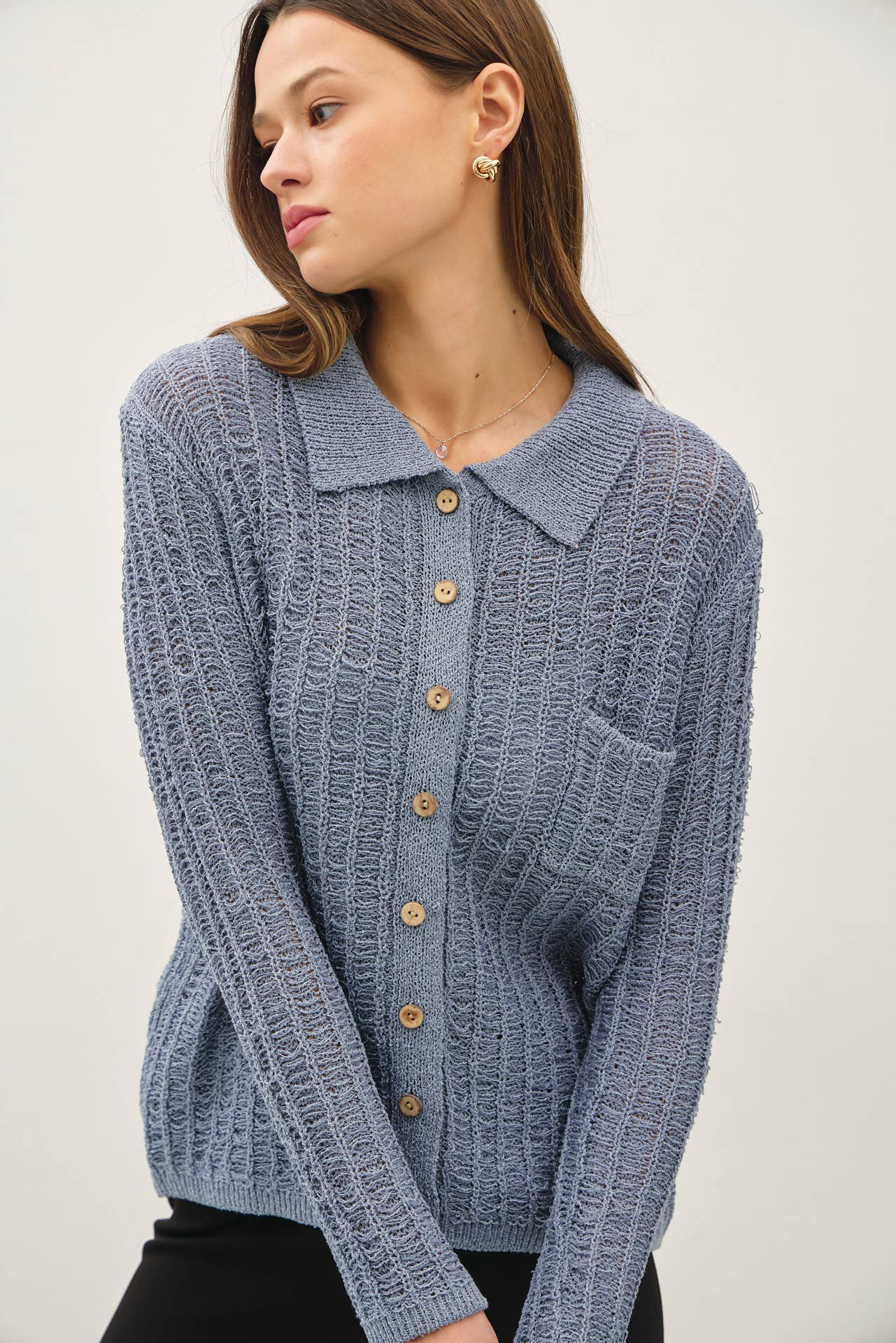 Be Cool - Wholesale Cardigan - Women's - BREEZY TEXTURED KNIT BUTTON UP COLLARED CARDIGAN 16