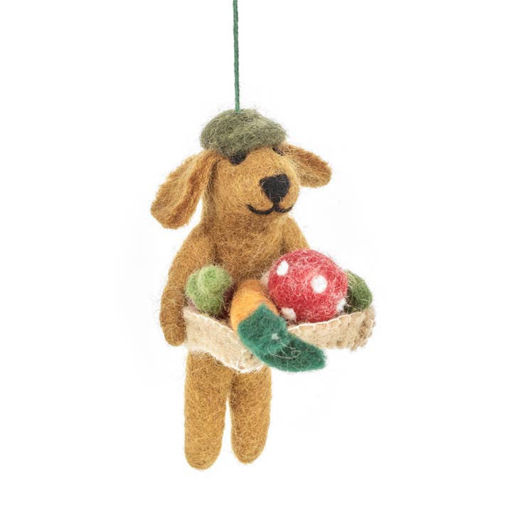 Handmade Felt Dom the Gardening Dog Hanging Decoration for wholesale by Felt So Good