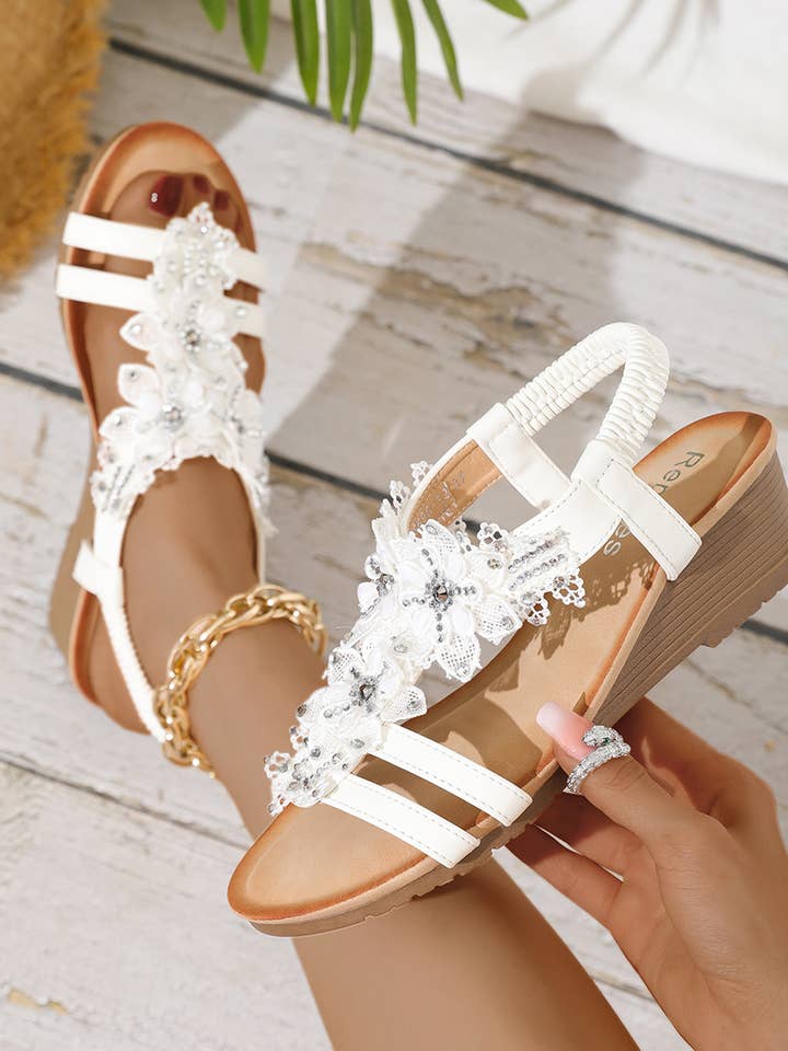 Rentoes – wholesale Sandals – Women's – Ladies‘ Wedged Sandal with Handmade Lace Flowers JS698-3211