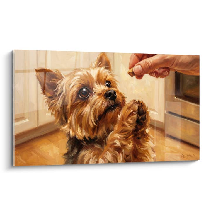 Tableau Yorkshire Terrier Recevant une Friandise dans une Cuisine Chaleureuse - Moment de Complicité - Edition Yorkshire Terrier pour la vente par Walensky