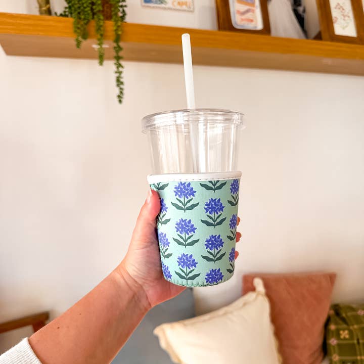 Oak Shore Collective LLC - Wholesale Drink Huggers & Koozies - Nantucket Spring Hydrangeas | Iced Coffee Sleeve