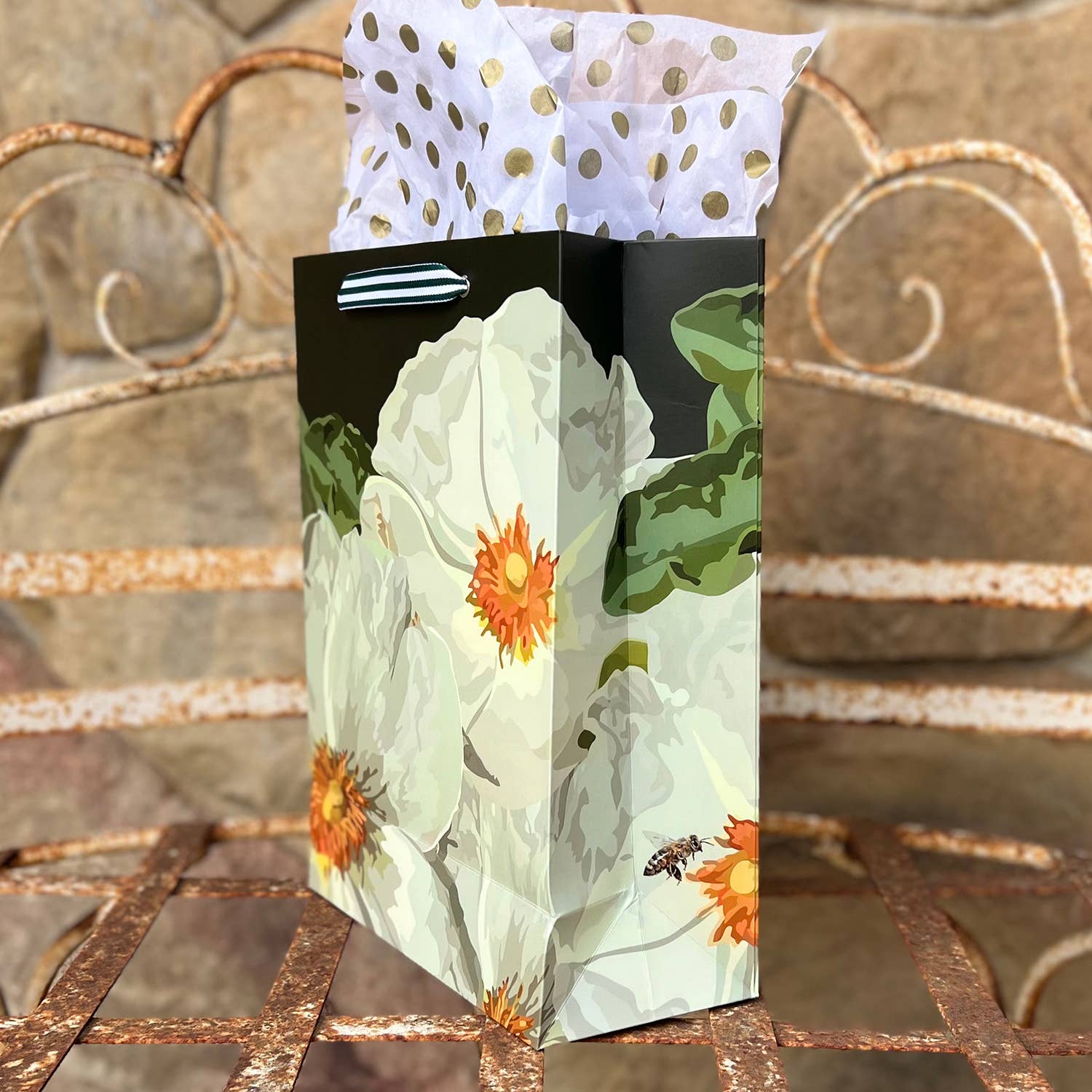 The Red Barn Press - Wholesale Gift Bag - LARGE Floral Gift Bag | White rockroses on very dark green2