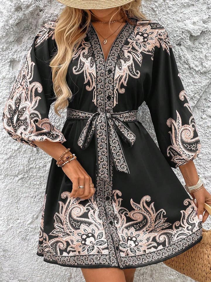 Rosa Clothing - Wholesale Dress - Women's - Bohemian Geometric Floral Print V-Neck Cinched Waist Dress3