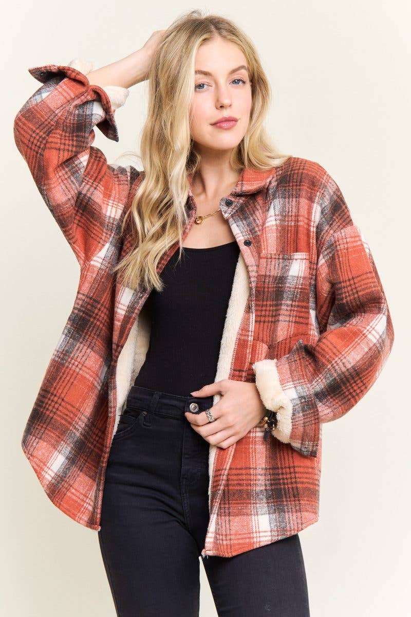 Vanilla Monkey – wholesale Shirt Jacket/Shacket - Women’s – Plaid Sherpa-lined Button Down Shacket4