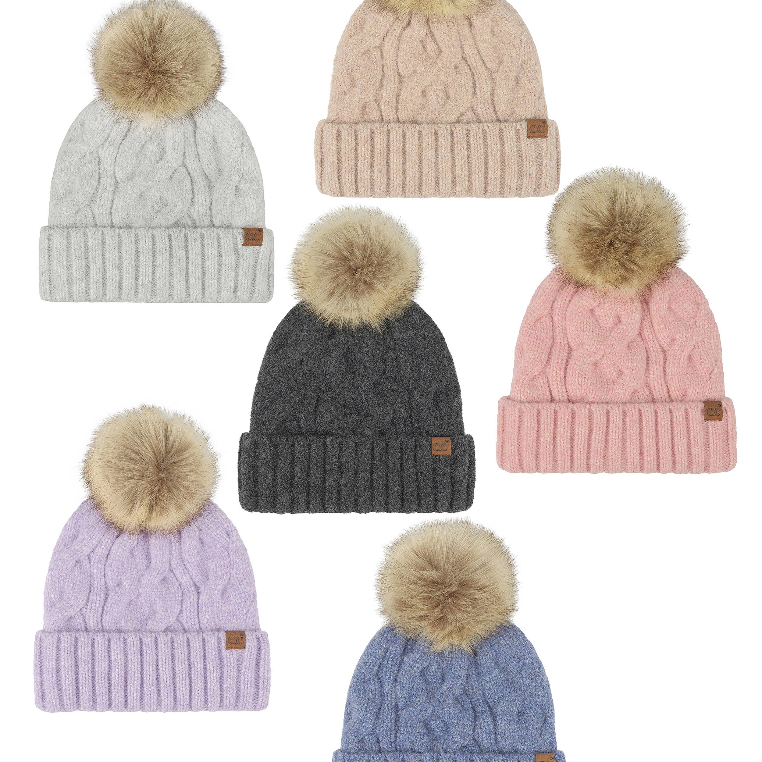 Hana - Wholesale Beanie - Women's - C.C Solid Big Cable Pattern Knit Cuff Pom Beanie7