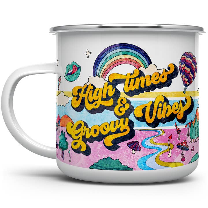 High Times & Groovy Vibes Retro Psychedelic Camping Mug for wholesale by Loftipop