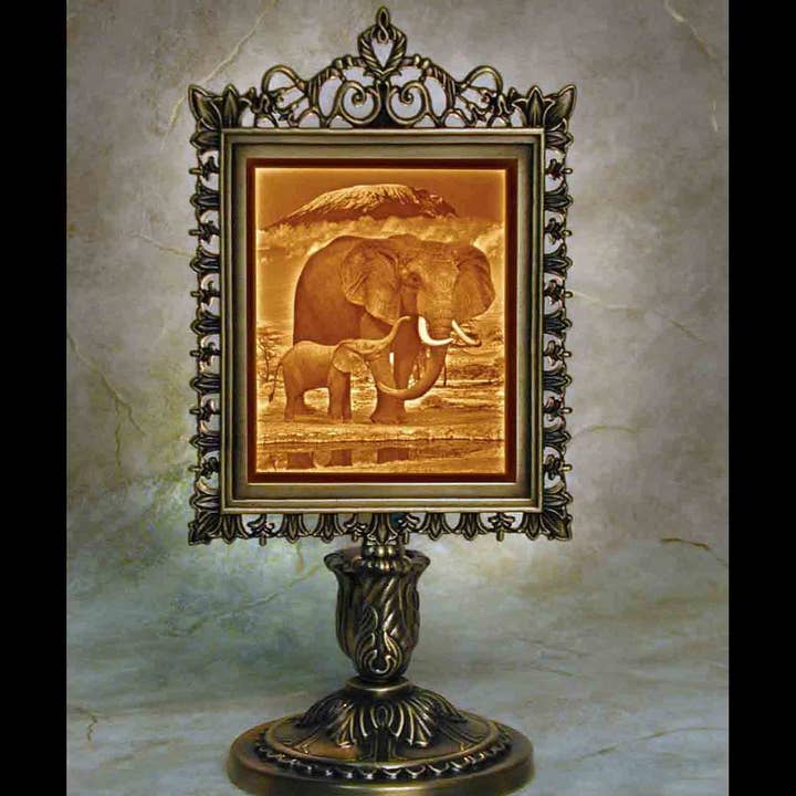 Elephant and Calf Porcelain Lithophane Victorian Accent Lamp for wholesale by The Porcelain Garden Inc.