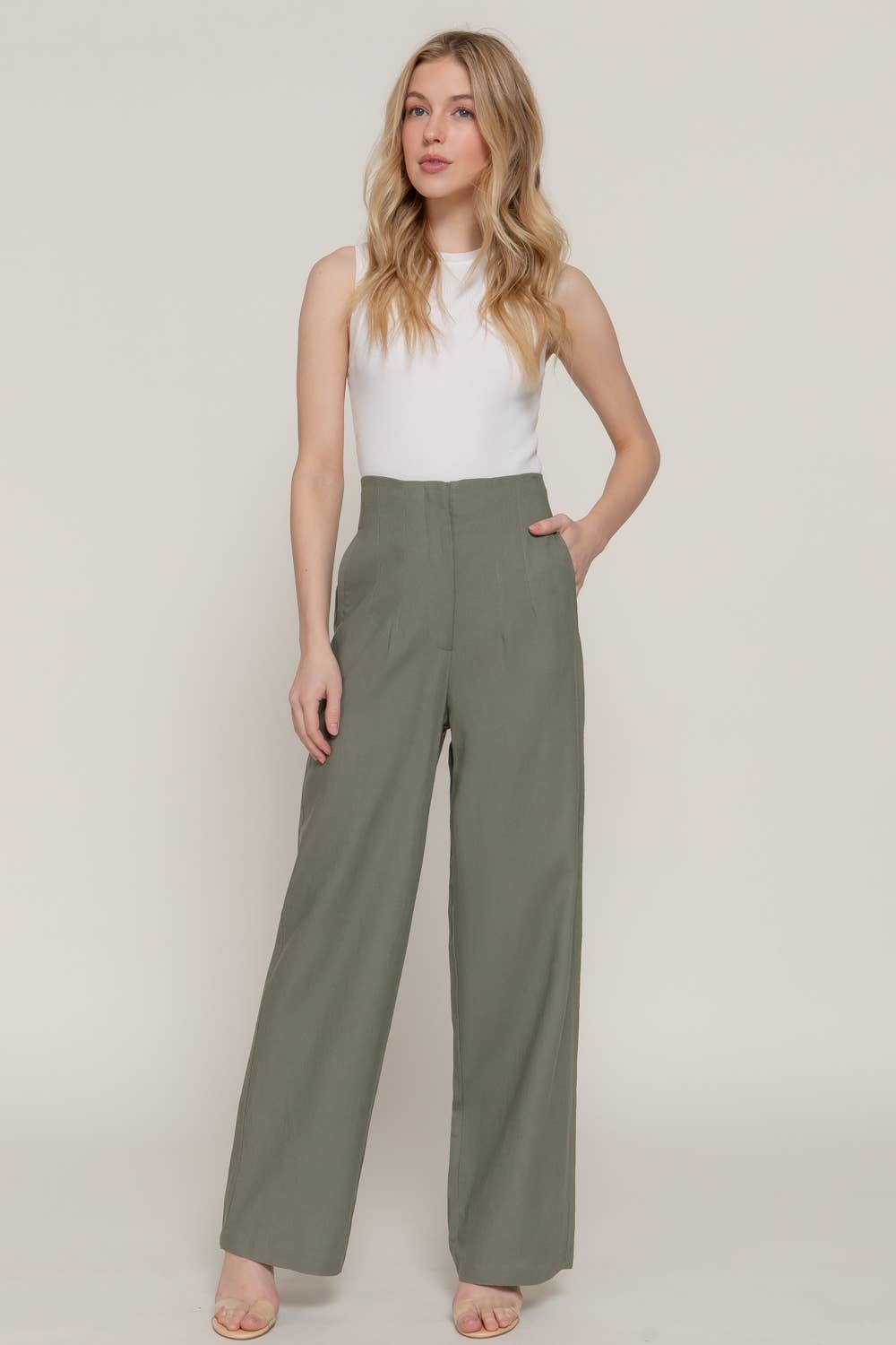 Active Basic | Active USA - Wholesale Pants - Women's - High Waist Pintuck Detail Straight Linen Pants15