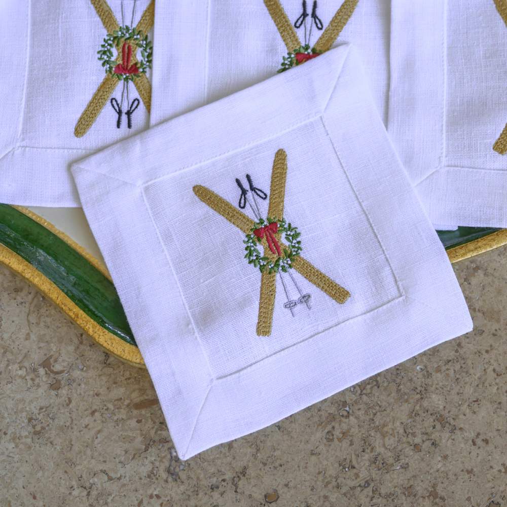 Arte Italica & Crown Linen Designs - Wholesale Coasters - Vintage Skis Cocktail Napkin Set - NEW3