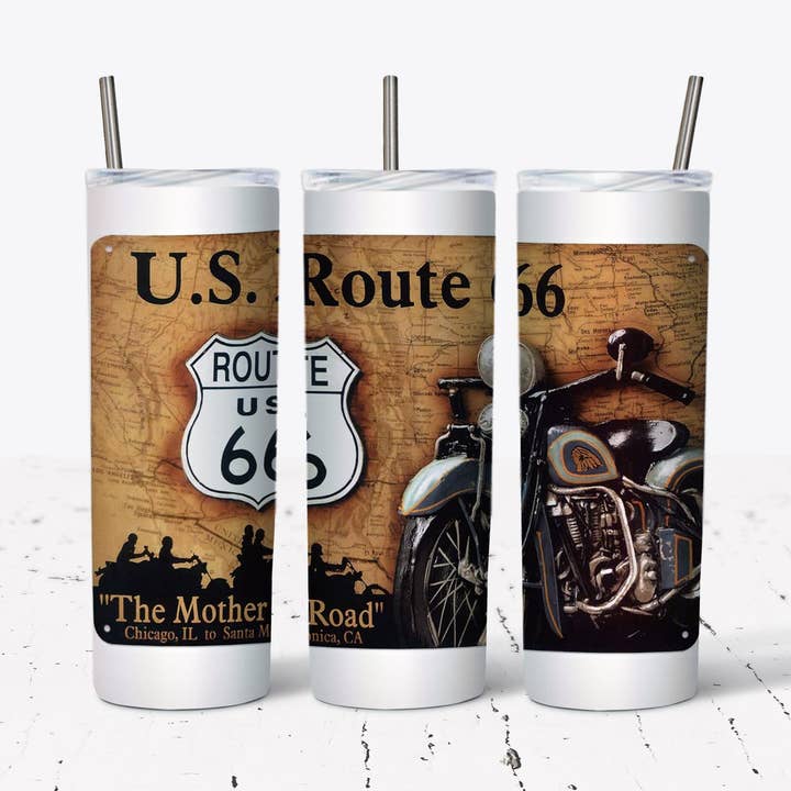 Route 66 20oz Straight Tumbler Transfer for wholesale by Rustic Pineapple