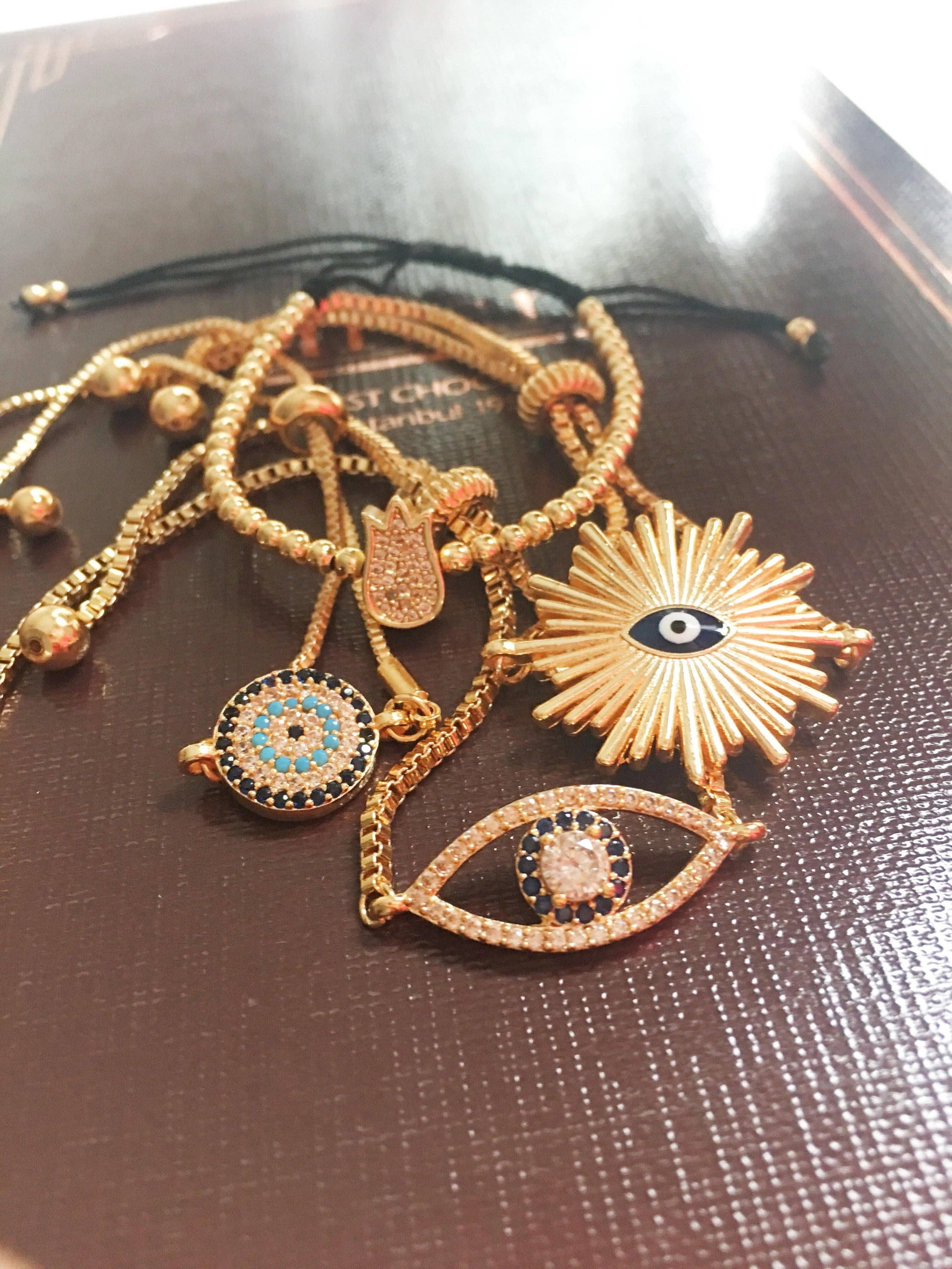 Evileyefavor - Wholesale Charm/Dangle Bracelet - Gold Evil Eye Bracelet, Adjustable Greek Jewelry5