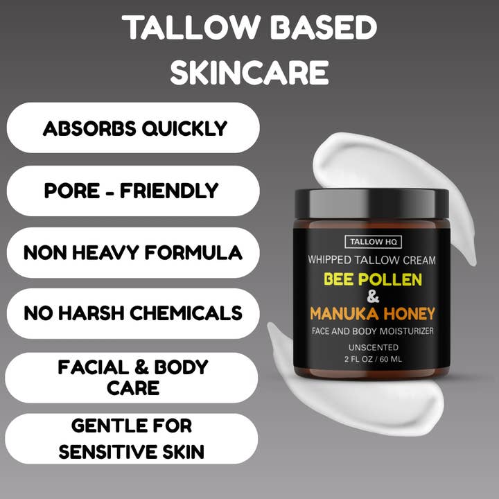 TALLOW HQ - Wholesale Body Cream/Lotion - Tallow Cream with Bee Pollen & Manuka Honey,Face & Body-2oz3