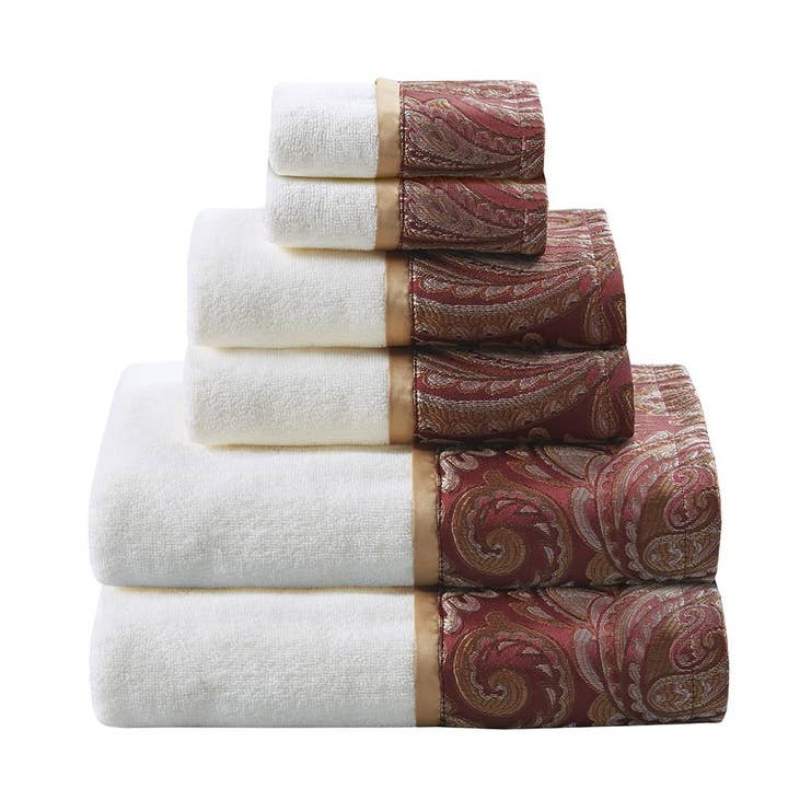 HomeRoots - Wholesale Bath towel - Set of Six White And Burgundy Cotton With Paisley Jacquard Towel Set