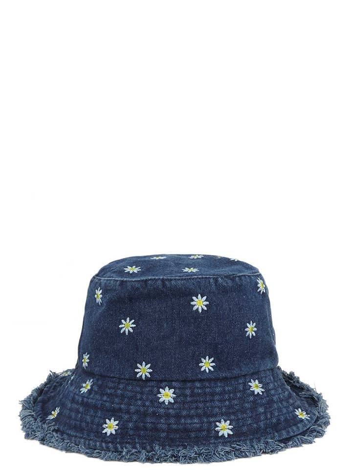 Sombrero de pescador de mezclilla con bordado de flores y borde desgastado para venta al por mayor de Shop Neighbors