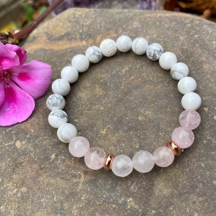 Coconut Quartz – Engroshandel Perlearmbånd – ROSE QUARTZ+HOWLITE ARMBÅND SELV KÆRLIGHED ARMBÅND Pink Hvid2