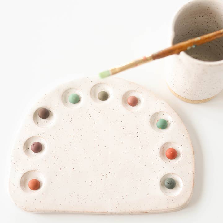 ceramic rainbow mixing palette + brush cup set for wholesale by joye made clay
