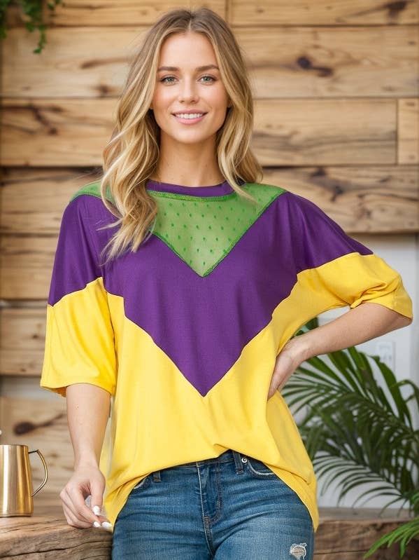 MARDI GRAS COLOR BLOCK SHORT SLEEVE TUNIC TOP for wholesale by Burgundy Apparel