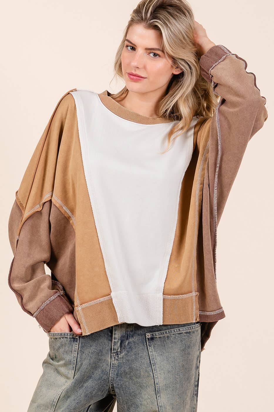 mittoshop - Wholesale Sweatshirt - Women's - MINERAL WASH COLOR BLOCK DOLMAN SLEEVE PULLOVER13