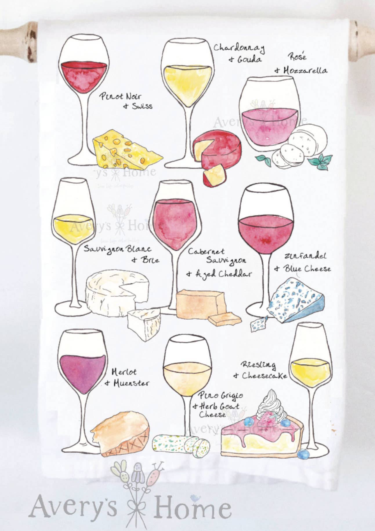 Avery's Home - Wholesale Tea Towel - Wine & Cheese Pairing for Food Lovers Tea Towel1