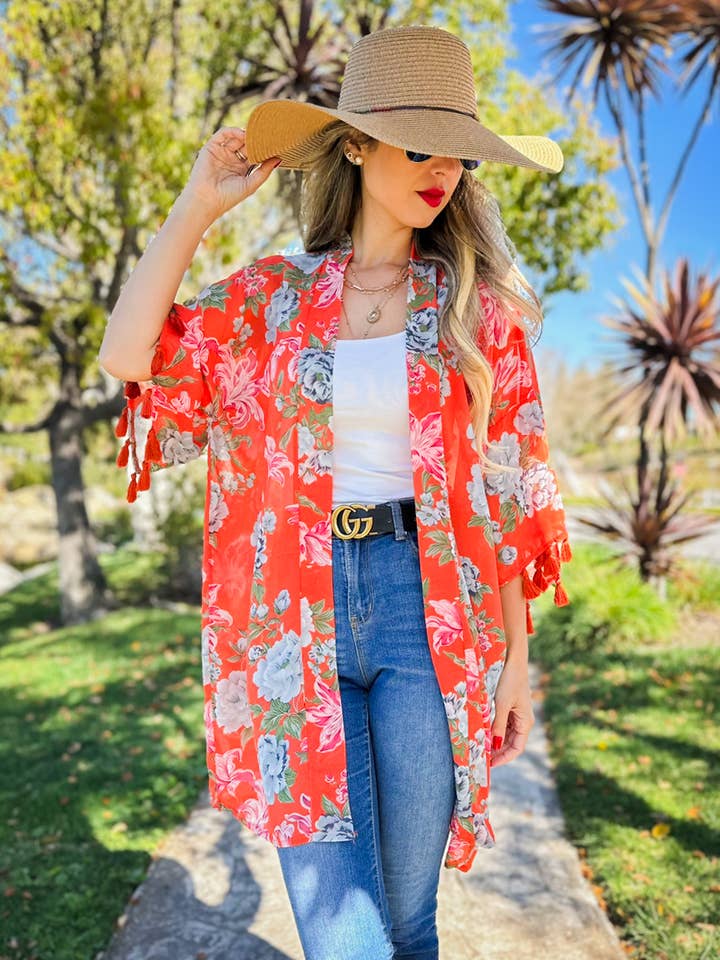 Coral Floral Print 3/4 Sleeve With Tassel Chiffon Kimono for wholesale on Faire