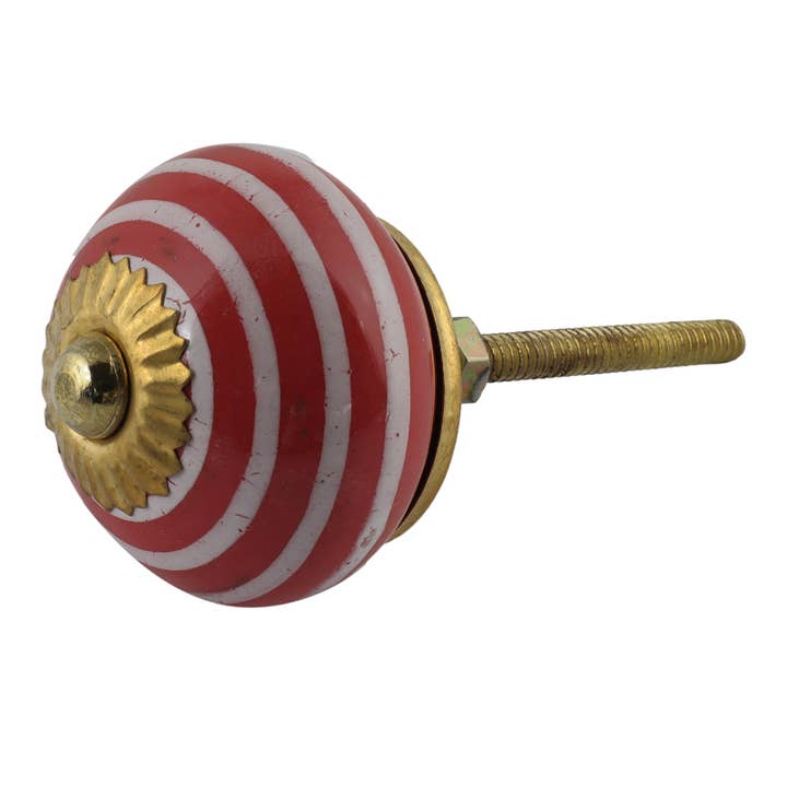 Shabby chic red and white striped ceramic furniture knob for wholesale by Tribal Trade GmbH