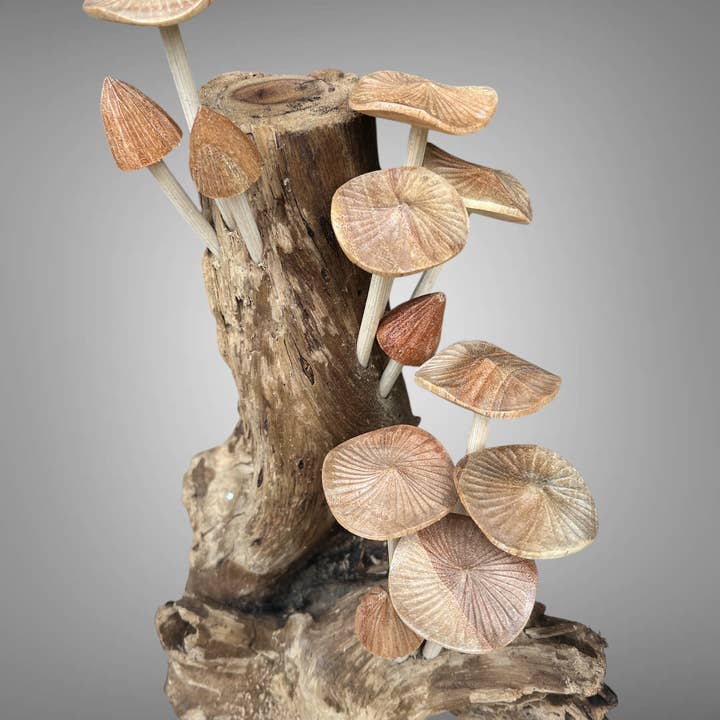 Batik Indah - Wholesale Decorative Tabletop Object - Twelve wooden mushroom carving on wood stand - 20 cm