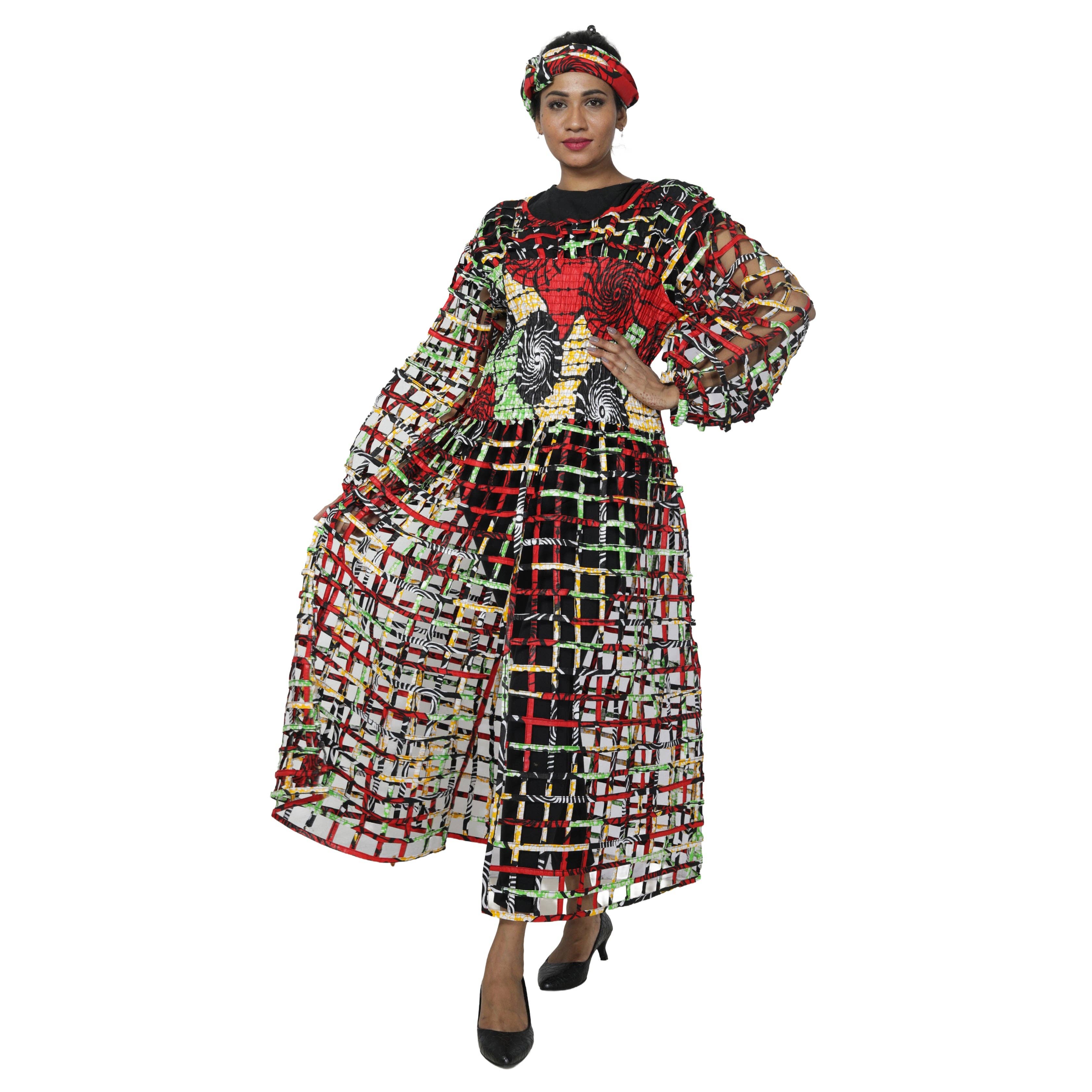 African Stars - Wholesale Dress - Women's - Women's Long Sleeve Smocked Bodice Cage Dress -- FI-ST12212