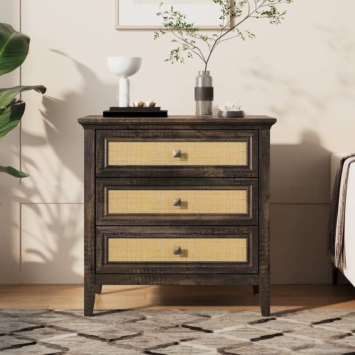 Heynemo - Wholesale Cabinet - 3 Drawer Dresser, Cane Nightstand with Rattan Drawers