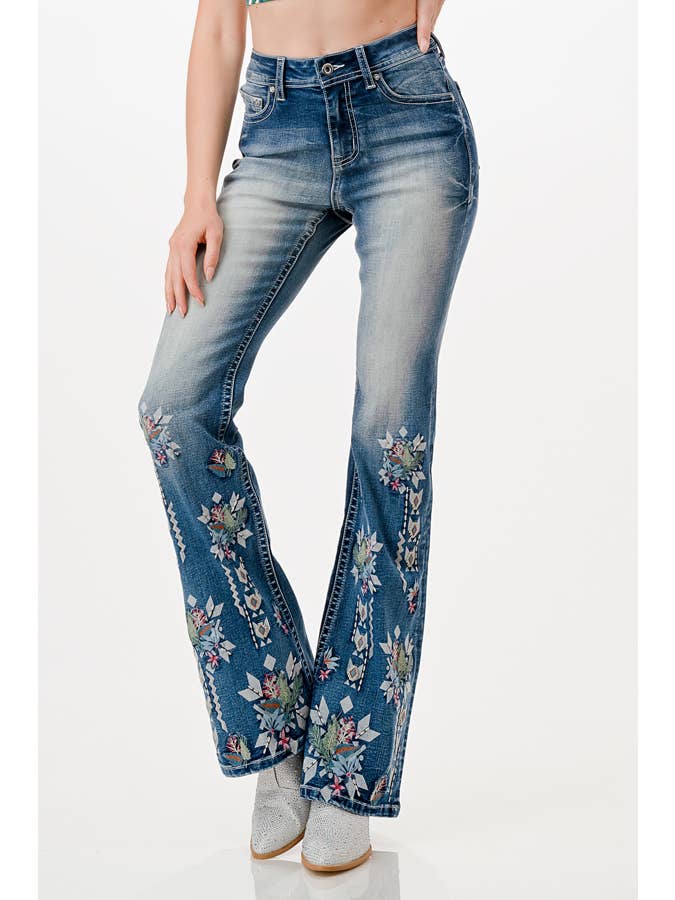 Grace in LA - Wholesale Jeans - Women's - Floral Embroidery High-Waist Flare 32" | HL-61840