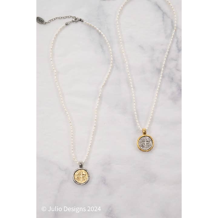 Julio Designs - Wholesale Pendant/Charm Necklace - Awaken Mixed Metal Coin Pendant Freshwater Pearl Necklace