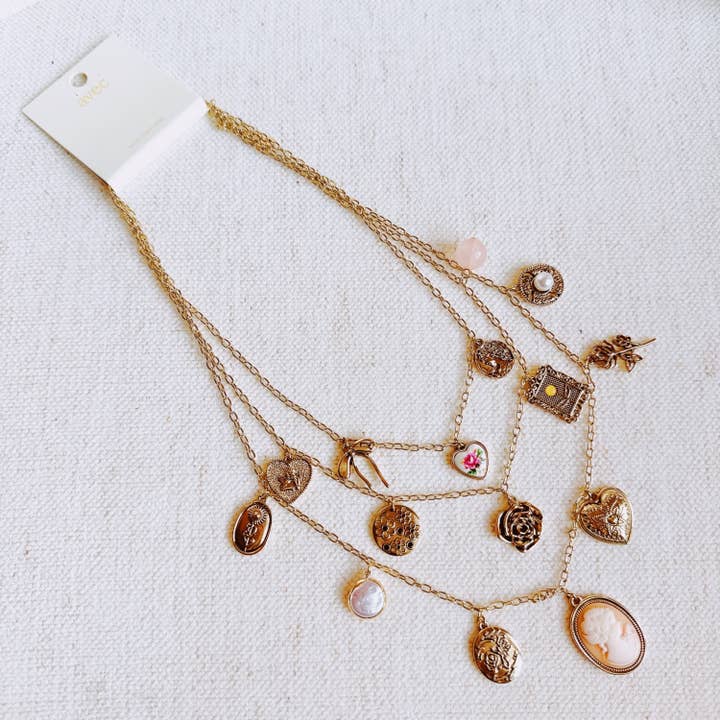 Ellison+Young - Wholesale Pendant/Charm Necklace - Vintage Rose Charm Layered Necklace – Romantic Multi-Strand Chain with Antique-Inspired Cameo Details3