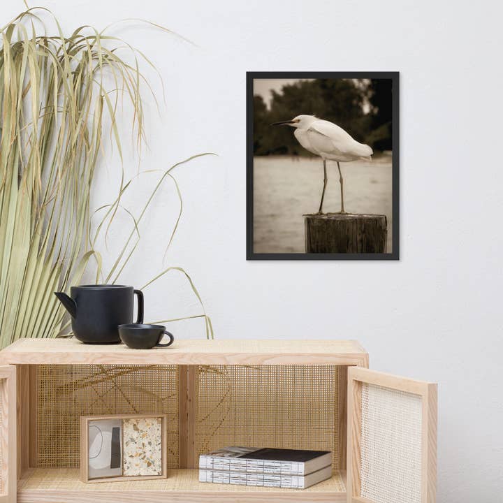 Pipa Wall Art & Home Decor - Wholesale Art print - Aged and Colorized Snowy Egret on Pillar Framed Wall Art3